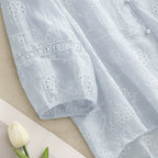 The Wind Blows Past the Half-Moon V-Neck Pearl Button Breathable Comfortable Slimming Hollow-Out 2025 New Stylish Embroidered Floral Blouse
