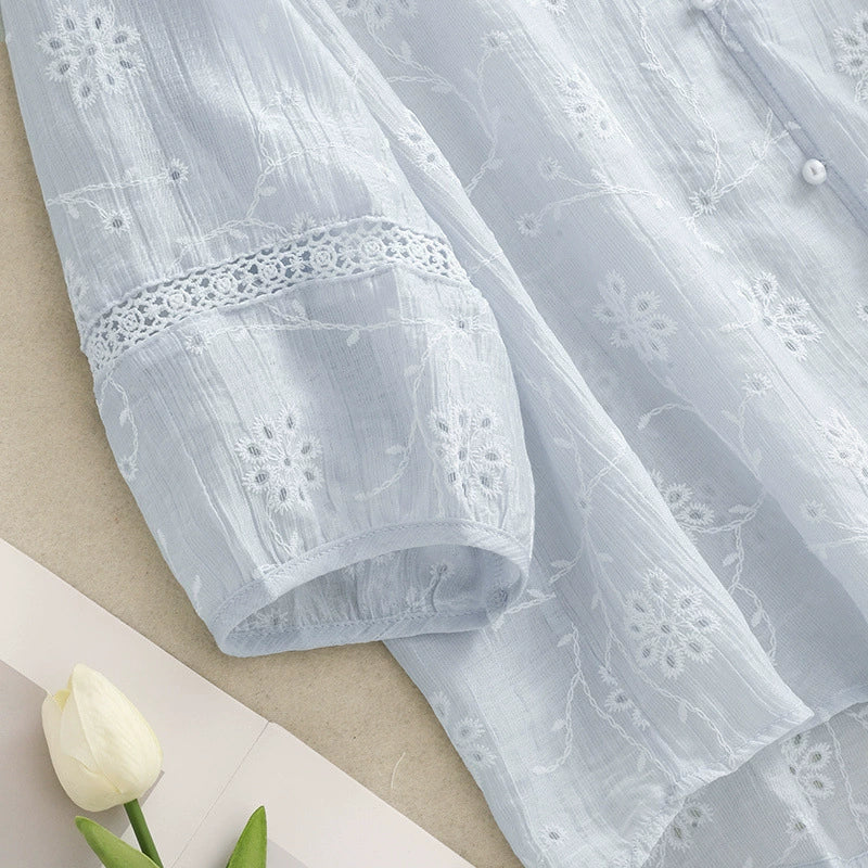The Wind Blows Past the Half-Moon V-Neck Pearl Button Breathable Comfortable Slimming Hollow-Out 2025 New Stylish Embroidered Floral Blouse