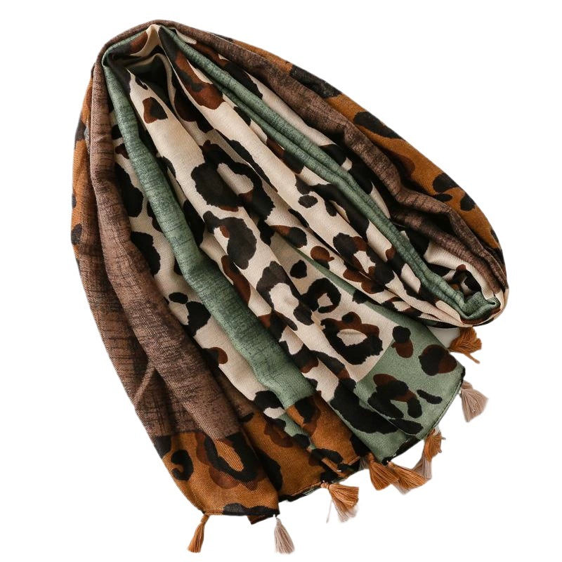 Foreign Trade Cross-border Export Retro Cotton and Linen Scarf Thick Green Leopard Scarf Warm Tassel Shawl Accessories