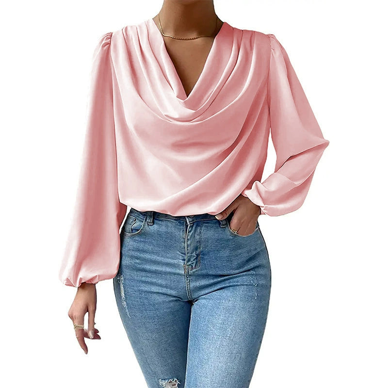 2025 Cross-Border Wish New European and American Summer Chiffon Long-Sleeved Shirt Loose Draped V-Neck Top T-Shirt Women's Clothing