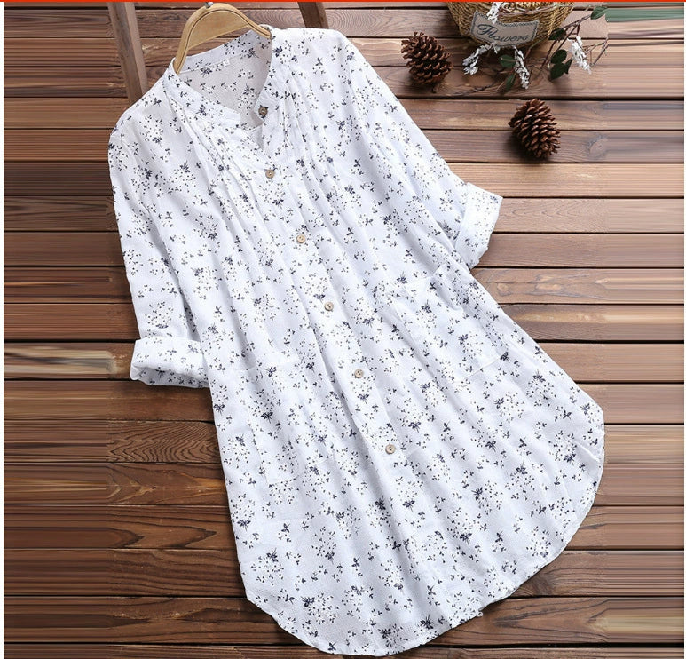 2019 Amazon AliExpress Explosions Women's Shirt New Cotton and Linen Floral Long Loose Shirt