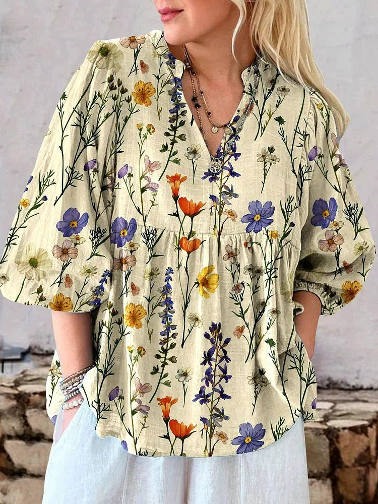 2025 New European and American Fashion Shirts Independent Station Hot Selling V Neck Flower Print Puff Sleeve Women's Shirts
