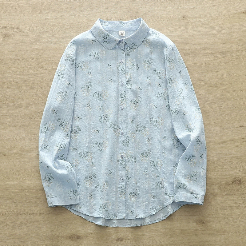 2025 Spring and Autumn New Fresh Style Floral Print Cotton Shirt Women's Long Sleeve Lapel Commuter Printed Shirt Top