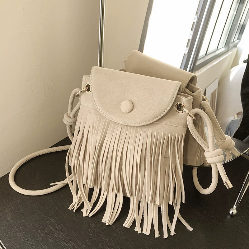 2024 Autumn and Winter New Suede Personalized Tassel Buckle Mobile Phone Bag Frosted Retro Ethnic Style Single Shoulder Crossbody Bag