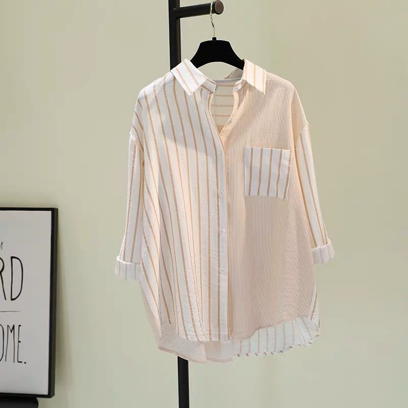 Cotton Linen Single Pocket Color-matching Striped Shirt Women's Spring New Korean Style Artwork Style Loose Casual Shirt Top Trendy