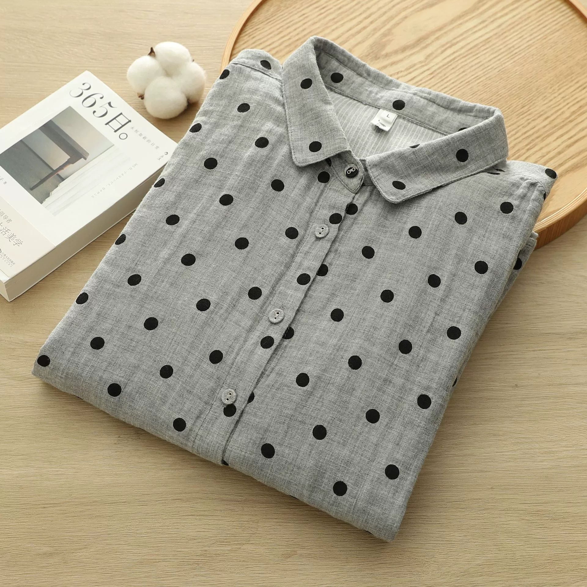 Factory Direct Sale Japanese Retro Polka Dot Print Artistic All-Cotton Double-Layer Gauze Shirt for Women Cotton Gauze Doll Collar Shirt