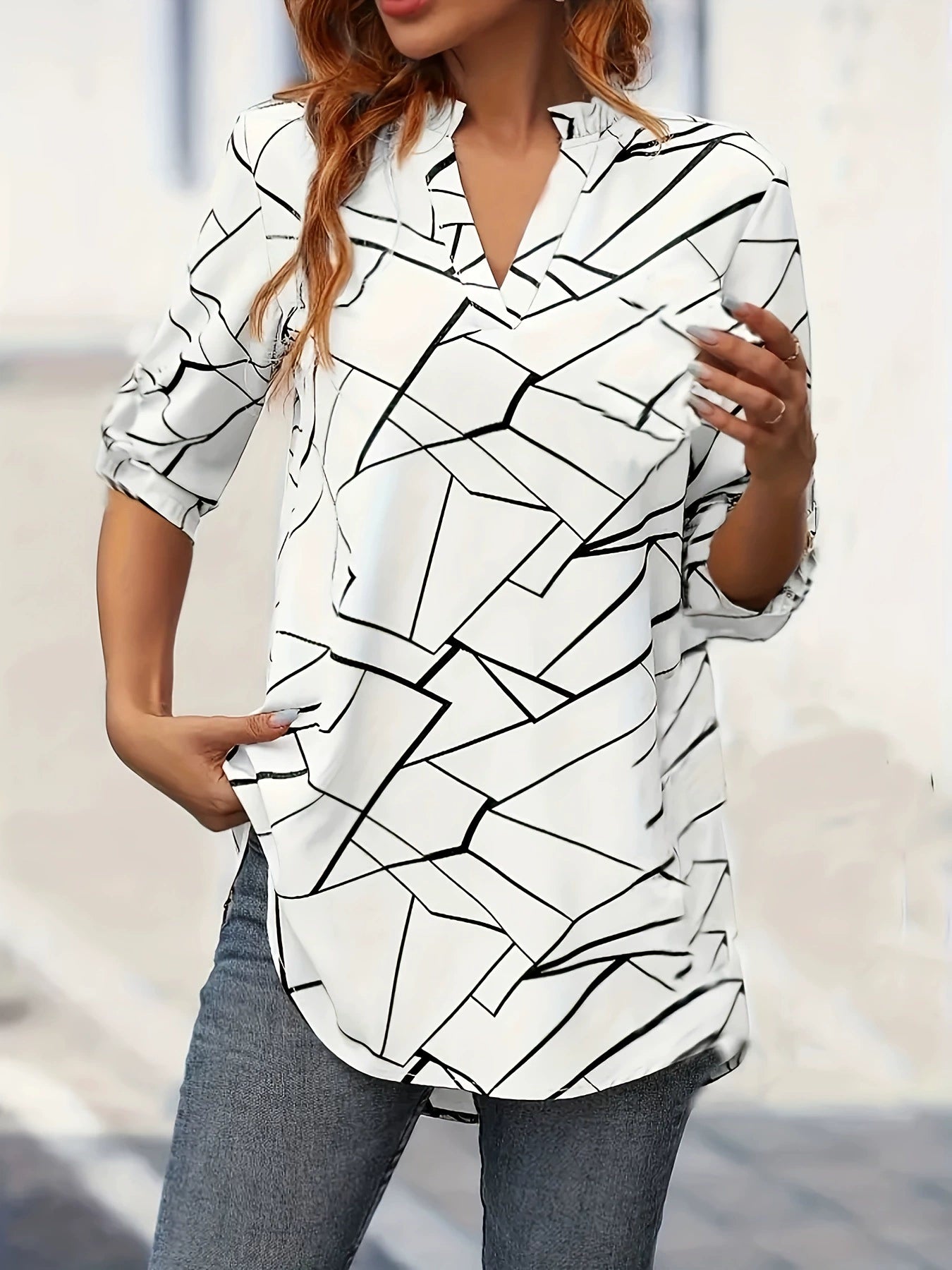 Amazon New Fashion Casual Printed V-neck Shirt European and American Half-sleeve Women's Spring and Summer Long-sleeve T-shirt Women