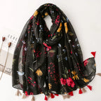 Vintage Ethnic Style Cotton Linen Scarf with Sequins Black Color Flower Handmade Tassel Printed Silk Scarf Shawl