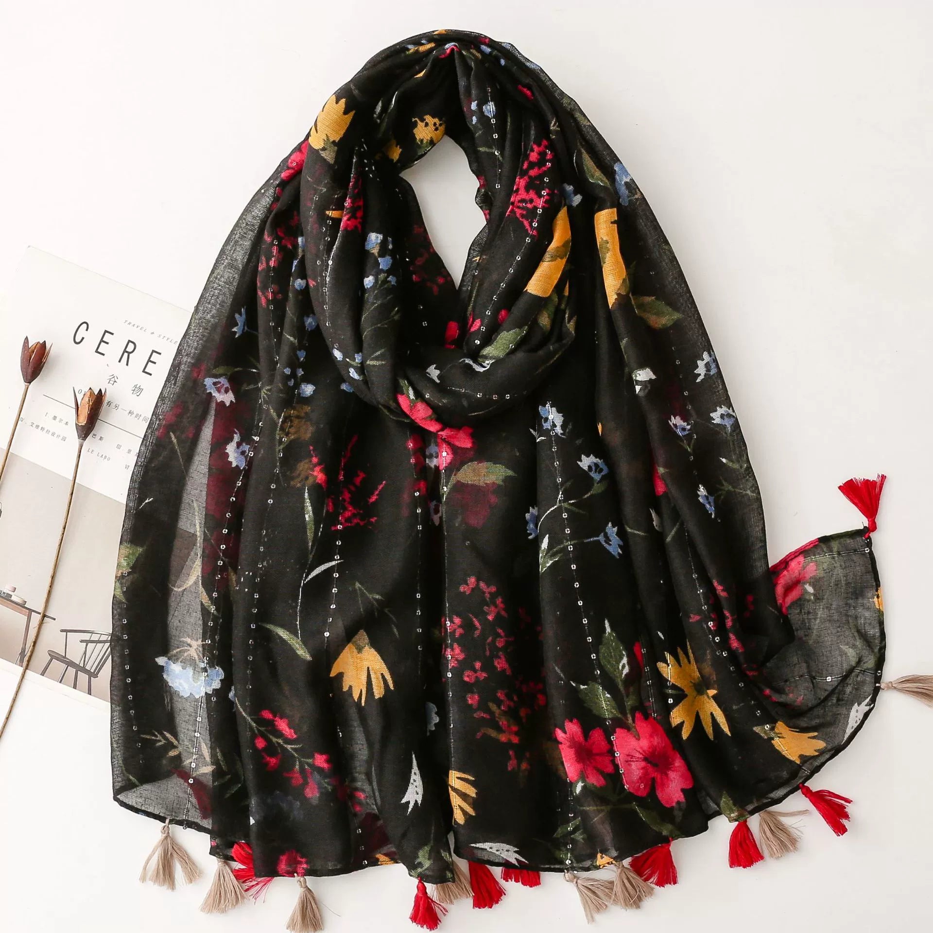 Vintage Ethnic Style Cotton Linen Scarf with Sequins Black Color Flower Handmade Tassel Printed Silk Scarf Shawl