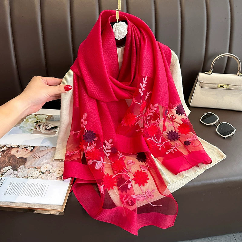 Spring and Autumn New Beaded Imitation Silk Scarf for Women Elegant and Versatile Embroidered Begonia Flower Long Scarf Summer Sunscreen Gauze Scarf