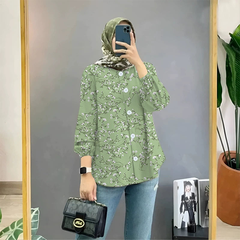 Cross-border Muslim floral print shirt artistic retro cardigan loose top women's drape shirt Women