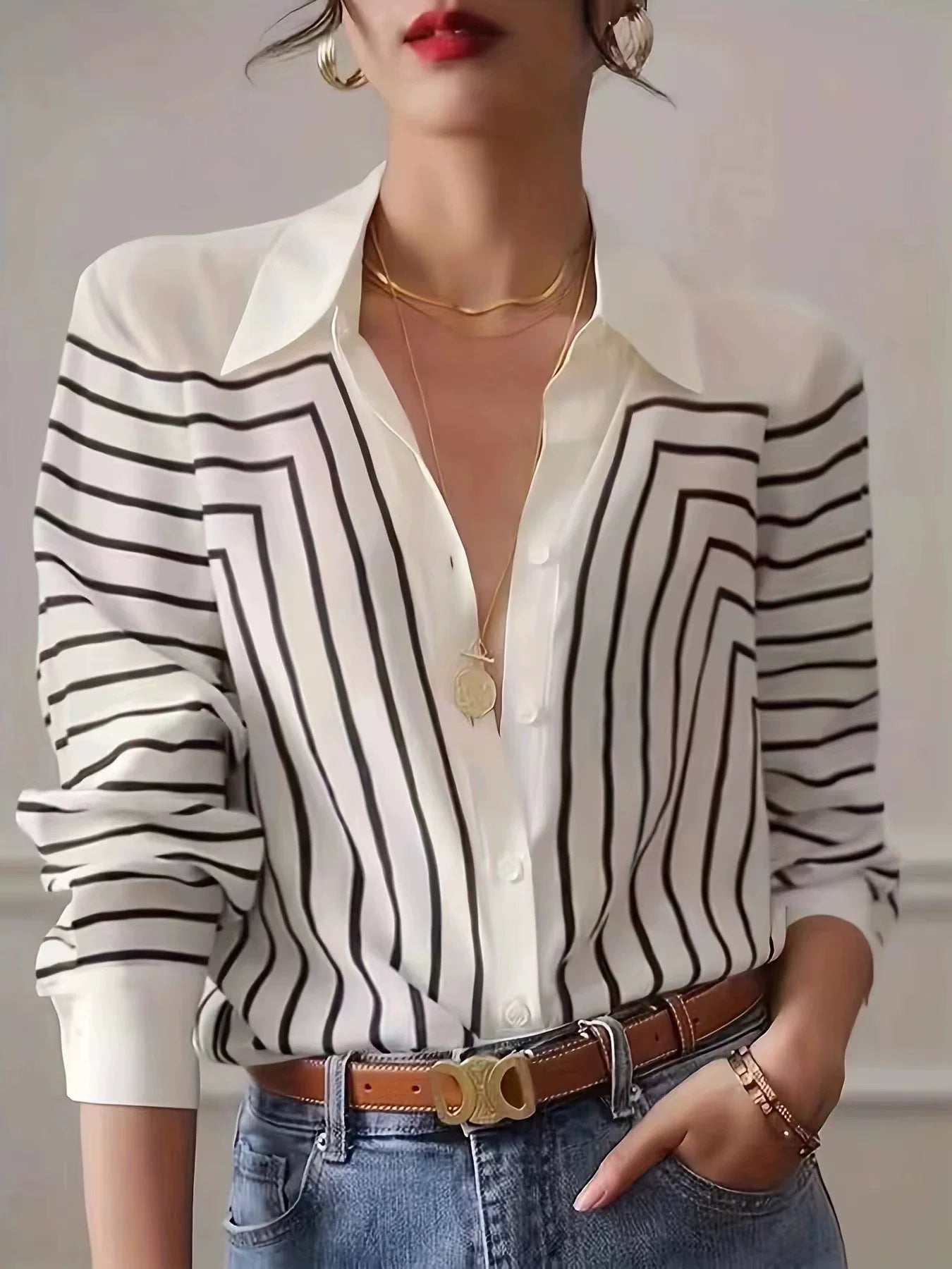 Autumn 2025 Striped Shirt Women's Long-sleeved Loose High-end Elegant Slim-fit Crepe de Chine Silk Top Women's Shirt
