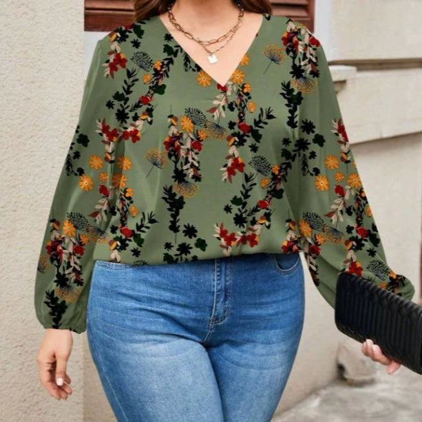 2024 autumn and winter new European and American cross-border V-neck casual printing plant printing lantern sleeve long sleeve shirt
