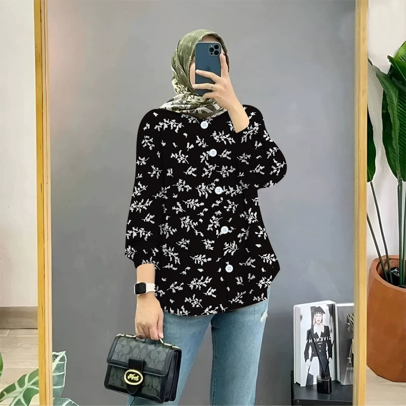 Cross-border Muslim floral print shirt artistic retro cardigan loose top women's drape shirt Women