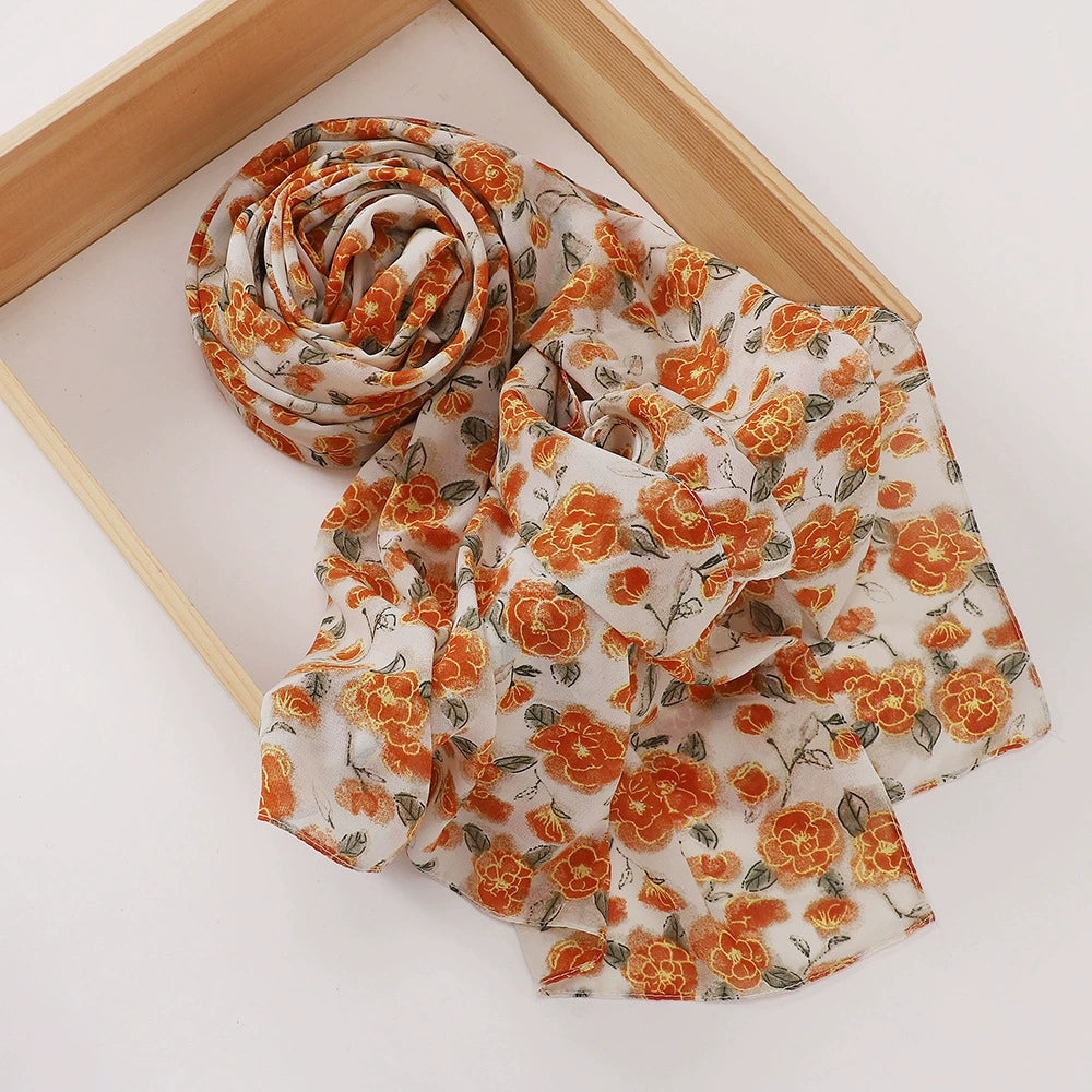 New Malaysian Pearl Chiffon Silk Scarf Rose Print Hijab Hui Turban Gauze Scarf Wholesale