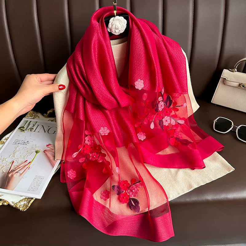 Spring and Autumn New Beaded Imitation Silk Scarf for Women Elegant and Versatile Embroidered Begonia Flower Long Scarf Summer Sunscreen Gauze Scarf