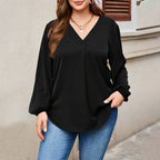 2026 Cross-Border Independent Platform Plus-Size Women's Clothing Simple and Intellectual Style T-Shirt Autumn and Winter Fashion Versatile V-Neck Slim-Fit Top