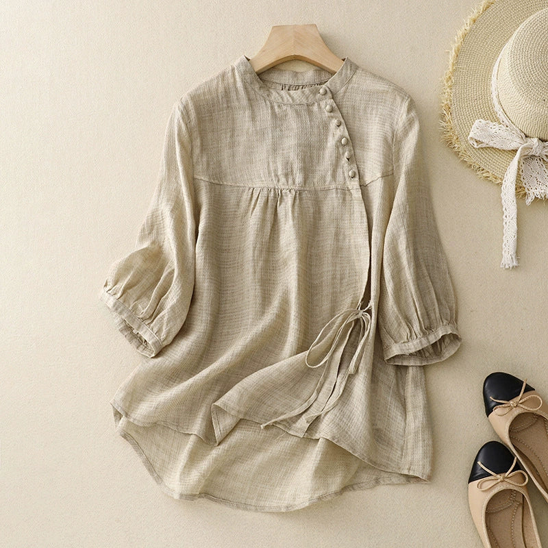 Real Shot of 2025 New French Style Women's Clothing, High-End, Belly-Covering, Slimming Look Top, Puff-Sleeved Cotton and Linen Shirt, Summer