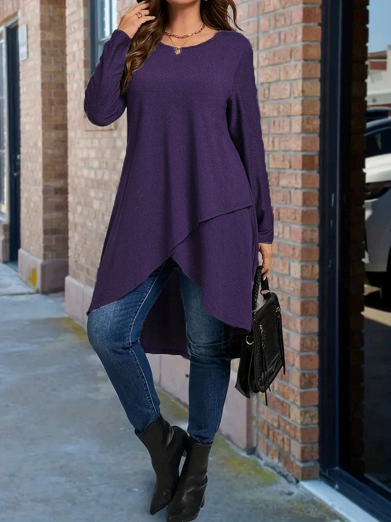 In-Stock Plus-Size 2026 European and American New Style Amazon Asymmetrical Hem Casual Loose Long-Sleeve Solid Color Top
