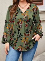 2024 autumn and winter new European and American cross-border V-neck casual printing plant printing lantern sleeve long sleeve shirt
