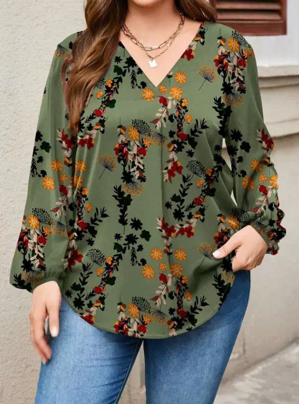 2024 autumn and winter new European and American cross-border V-neck casual printing plant printing lantern sleeve long sleeve shirt
