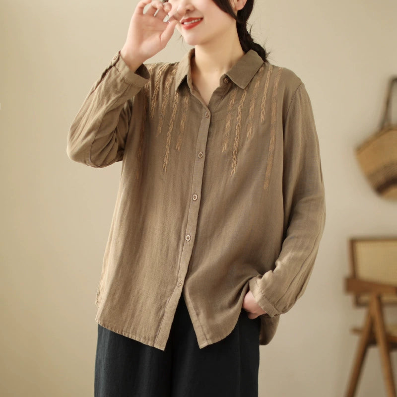 2023 Spring New Loose Ramie Women's Shirt Embroidered Long Sleeve Lapel Design Cotton and Linen Top Thin