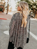 European and American cross-border new women's V-neck leopard print front pocket back pleated button long sleeve fashion casual shirt
