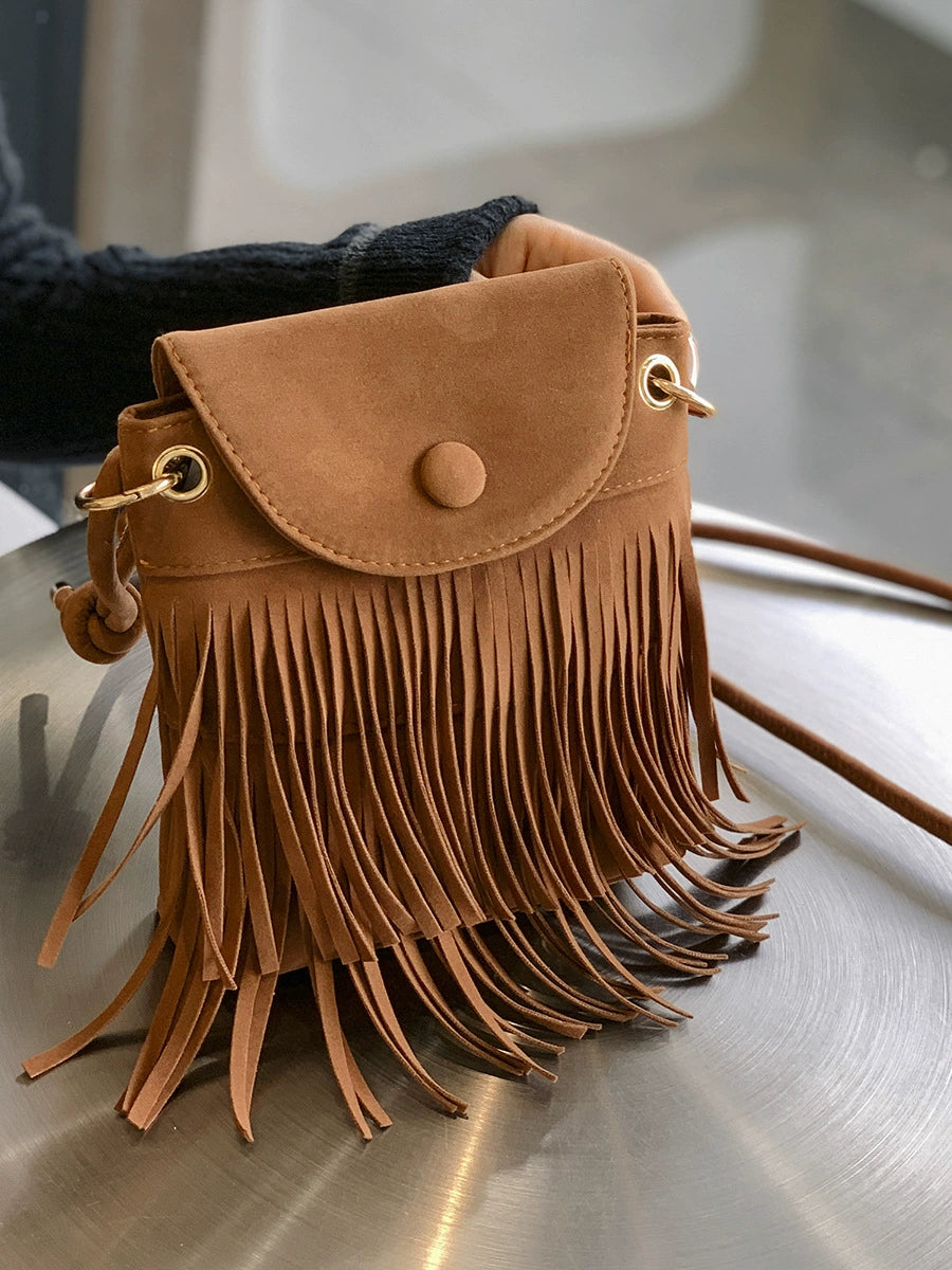 2024 Autumn and Winter New Suede Personalized Tassel Buckle Mobile Phone Bag Frosted Retro Ethnic Style Single Shoulder Crossbody Bag