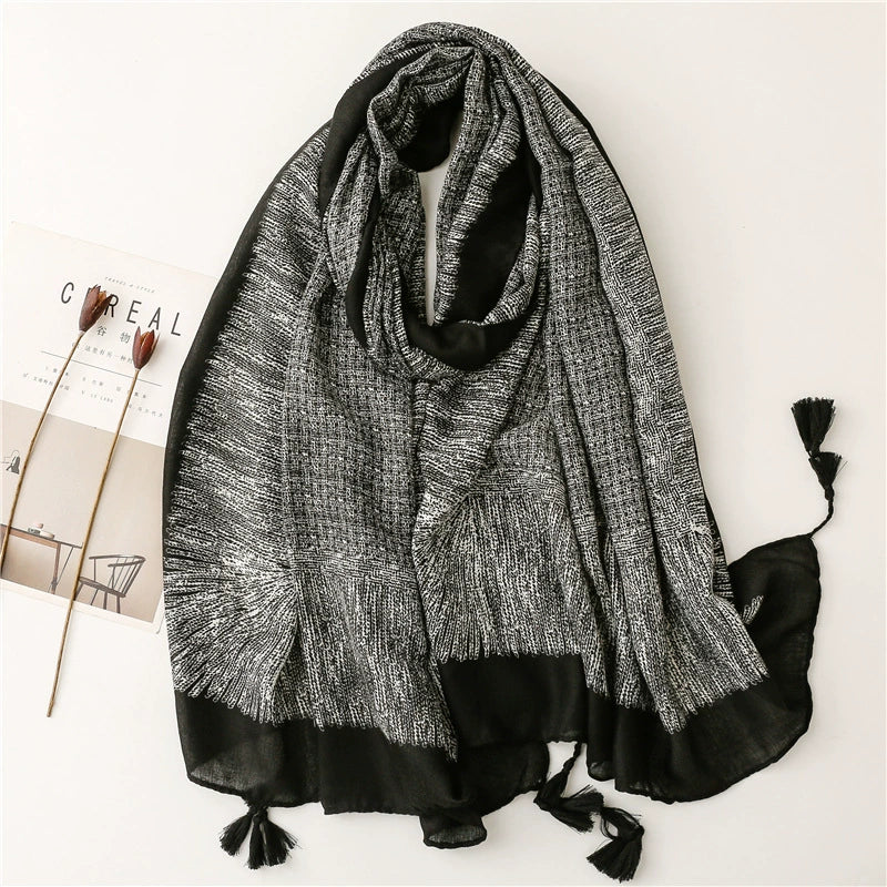 Japanese and Korean fashion cotton and linen scarf Spring and Autumn Abstract hand-painted lines printed tassel scarf long warm large shawl thin