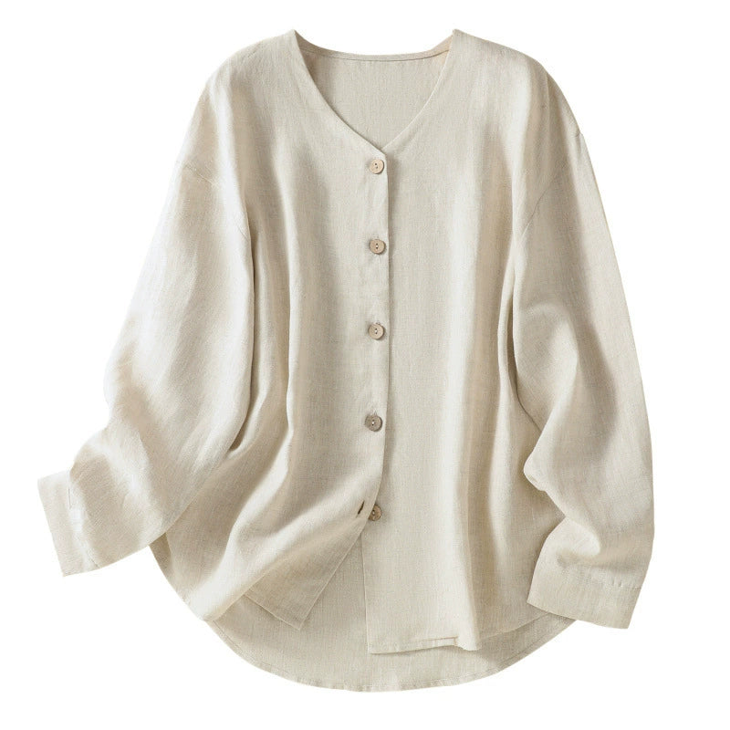 Real shot 2025 Spring New Artistic Loose Solid Color V-neck Long Sleeve Shirt Women's Shirt Top #5859