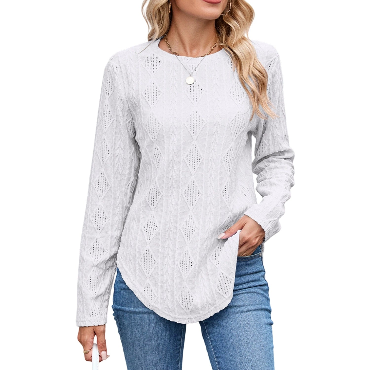 2025 European and American Amazon Autumn and Winter New Casual Round Neck Long-Sleeved Curved Hem T-Shirt Button Cut Out Top for Women