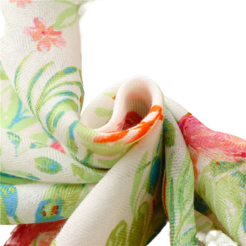 Spring and Summer Elegant Socialite Elegant Fresh Pink Green Bright Flowers Birds Herringbone Cotton Linen Scarf Scarf Shawl