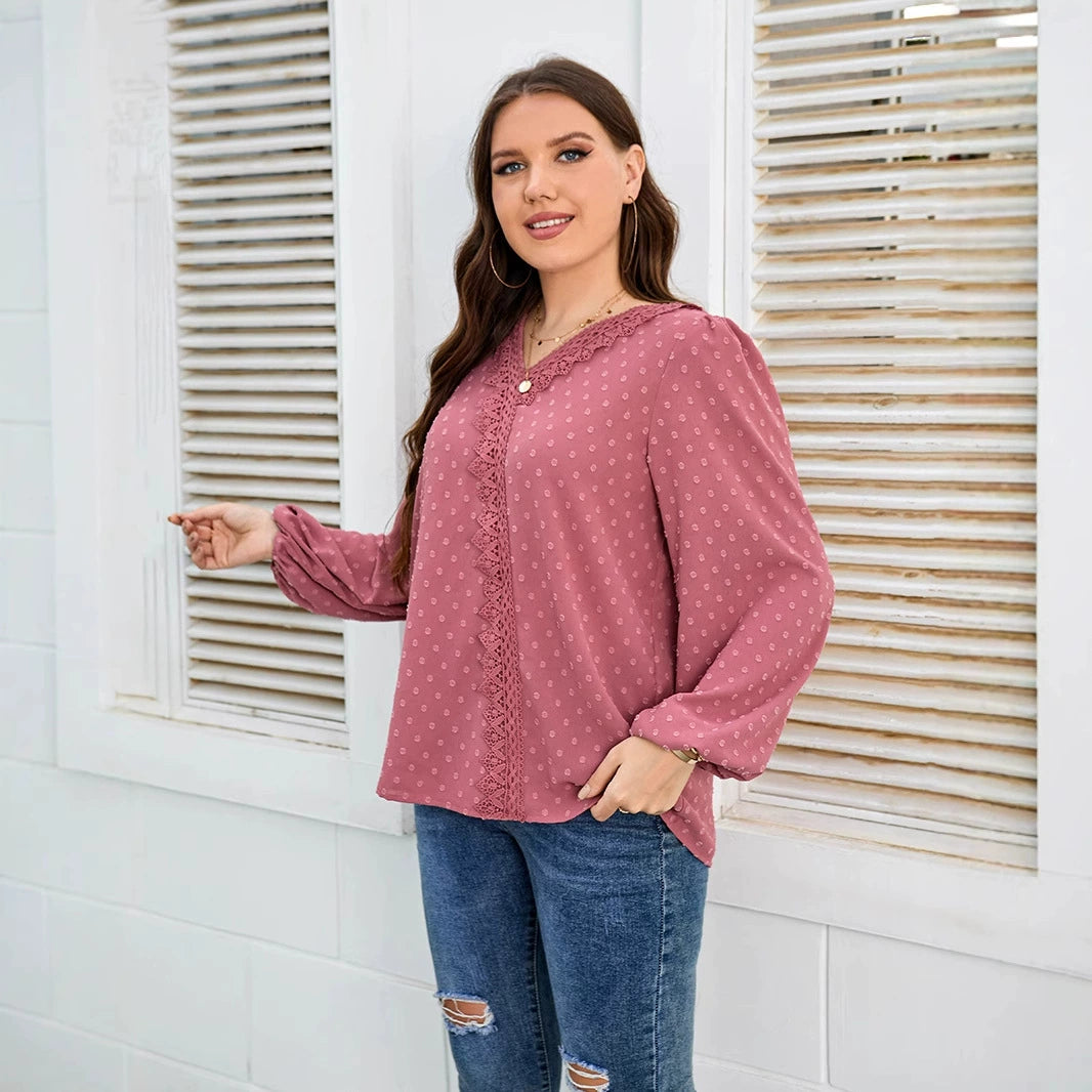 2022 European and American Style Cross-Border Trade Solid Color Woven Elegant Commuter Off-Shoulder Korean Version Long-Sleeve Chiffon Blouse Plus Size