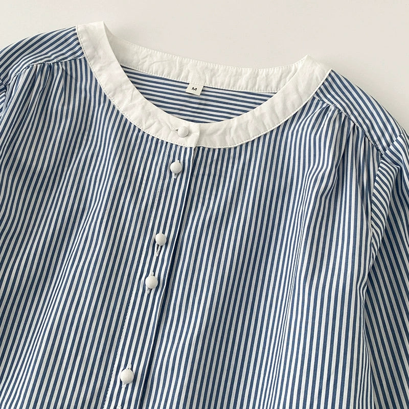 Real shot in stock striped shirt cotton stitching 2025 spring all-match French cotton white-collar shirt for women