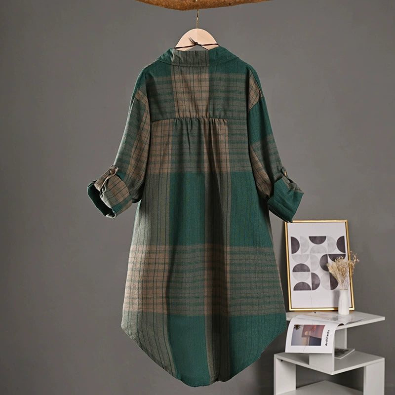 New Cotton and Linen Tops, Retro Spring and Autumn Plaid Shirts for Women, Long Style with Short Front and Long Back Design, Sun Protection Shirts