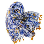 Scarf Thin Foreign Trade Cross-border Export Silk Scarves Spring and Summer Color Bohemian Blue Window Flower Bali Yarn Tassel Shawl
