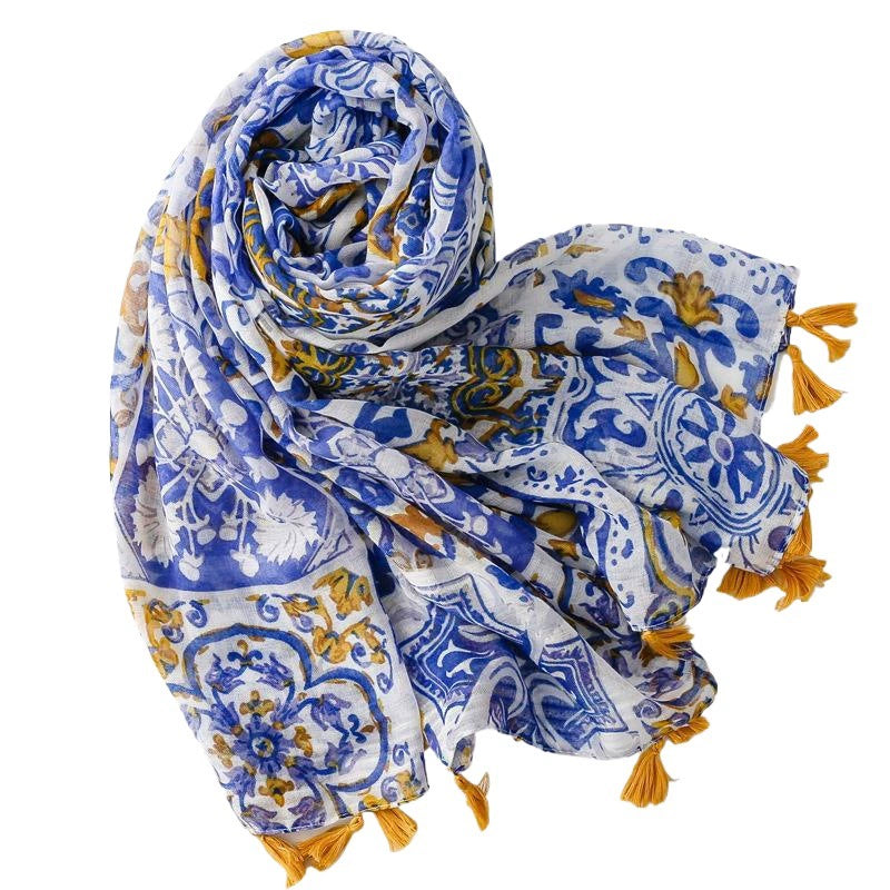 Scarf Thin Foreign Trade Cross-border Export Silk Scarves Spring and Summer Color Bohemian Blue Window Flower Bali Yarn Tassel Shawl