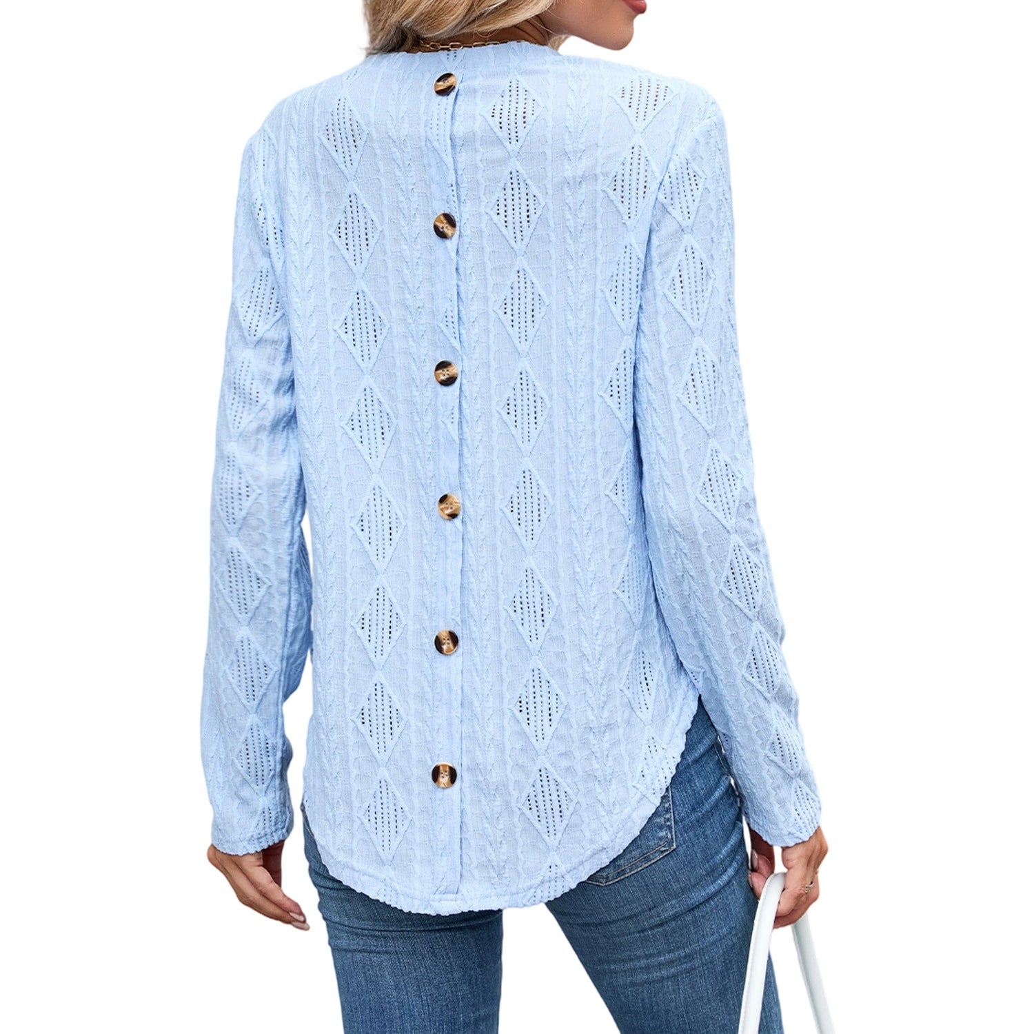 2025 European and American Amazon Autumn and Winter New Casual Round Neck Long-Sleeved Curved Hem T-Shirt Button Cut Out Top for Women