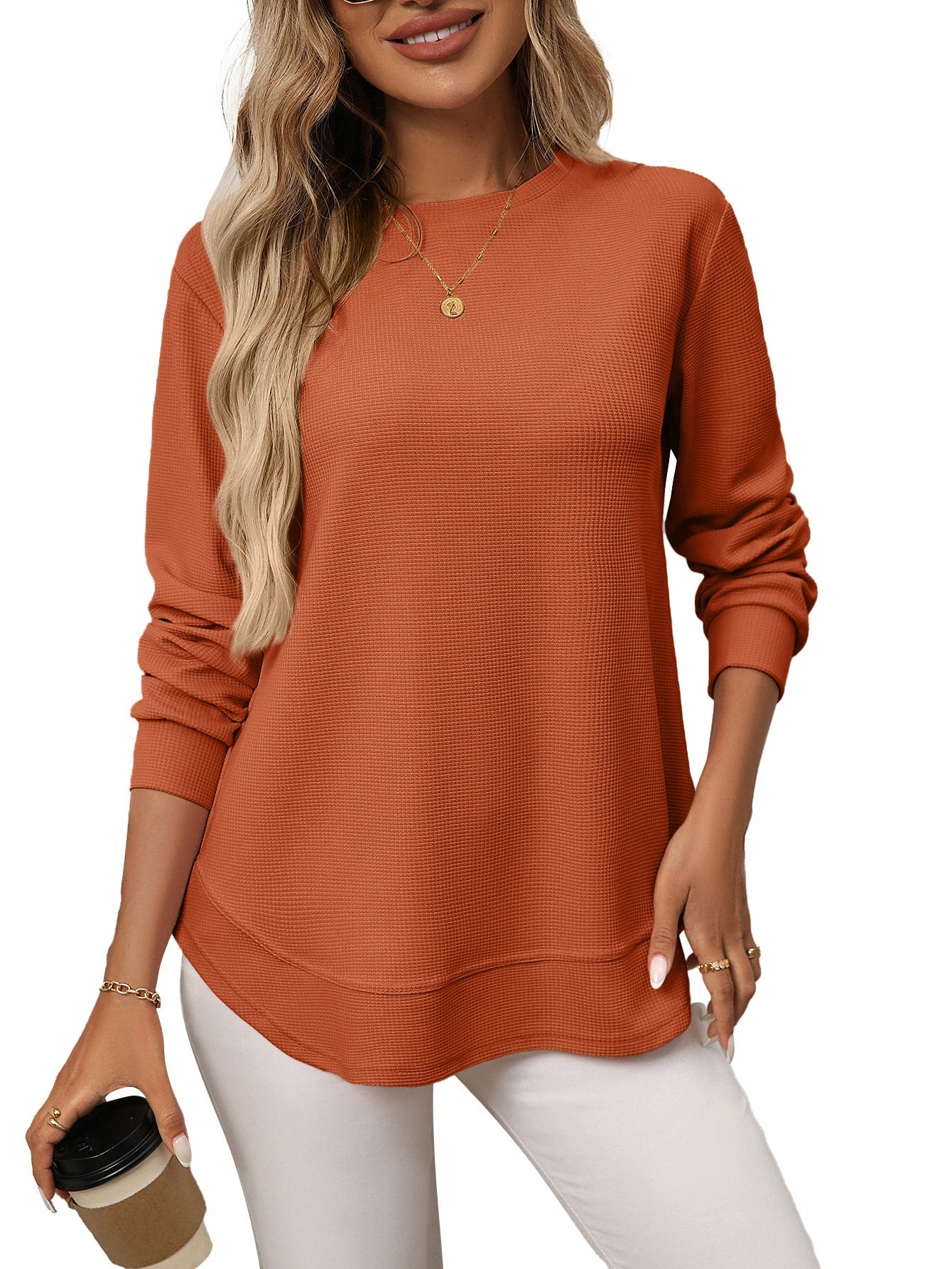 Women's Autumn and Winter New Loose Waffle Casual Versatile T-Shirt Knitted Long Sleeves