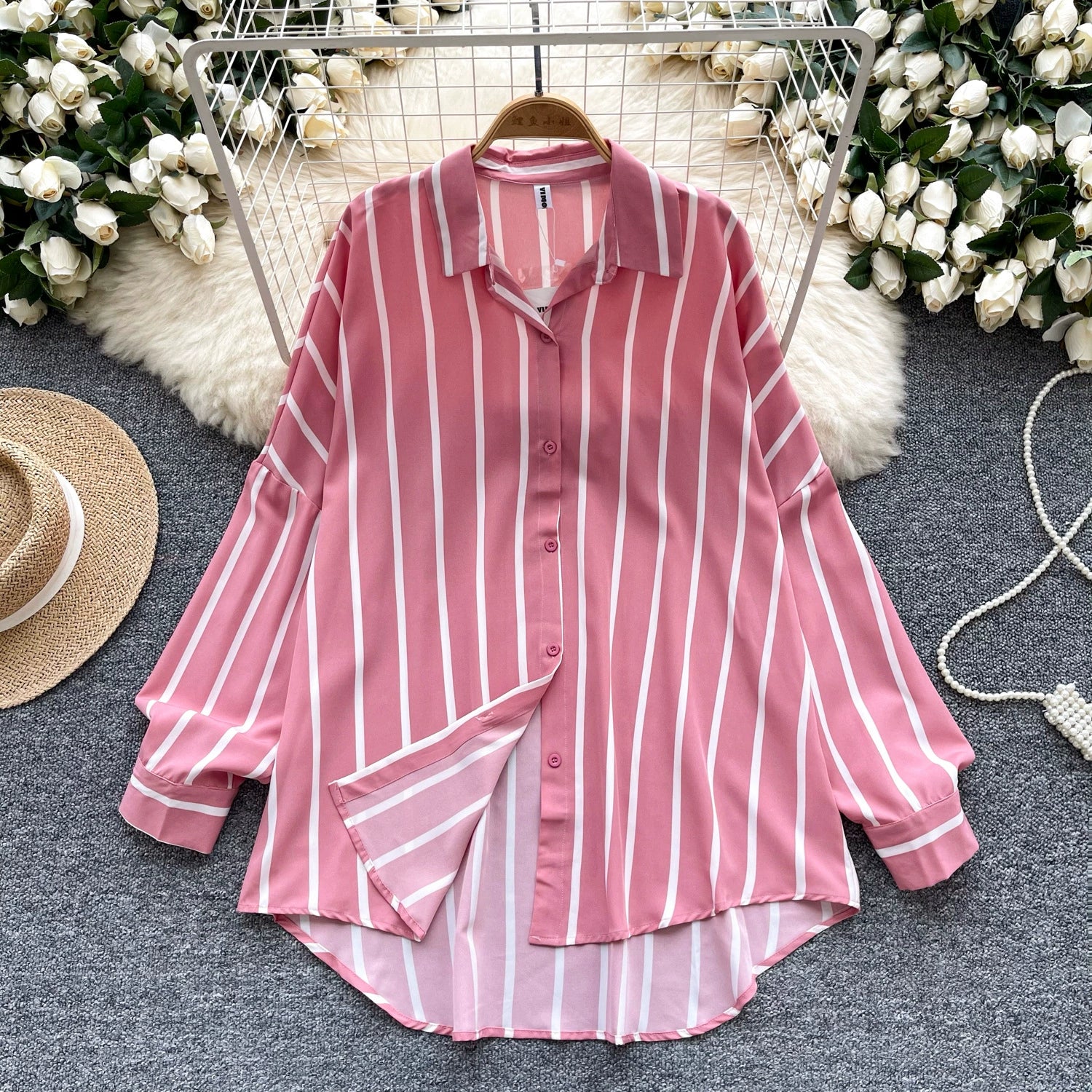 Women's Long-Sleeved Striped Shirt, New Autumn Style, European and American Style, Casual, Versatile, Loose Fit, Slimming, Mid-Length, Plus Size Shirt, Trendy