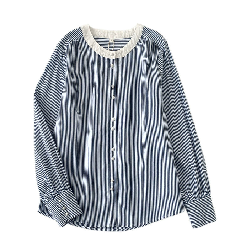 Real shot in stock striped shirt cotton stitching 2025 spring all-match French cotton white-collar shirt for women