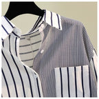 Cotton Linen Single Pocket Color-matching Striped Shirt Women's Spring New Korean Style Artwork Style Loose Casual Shirt Top Trendy