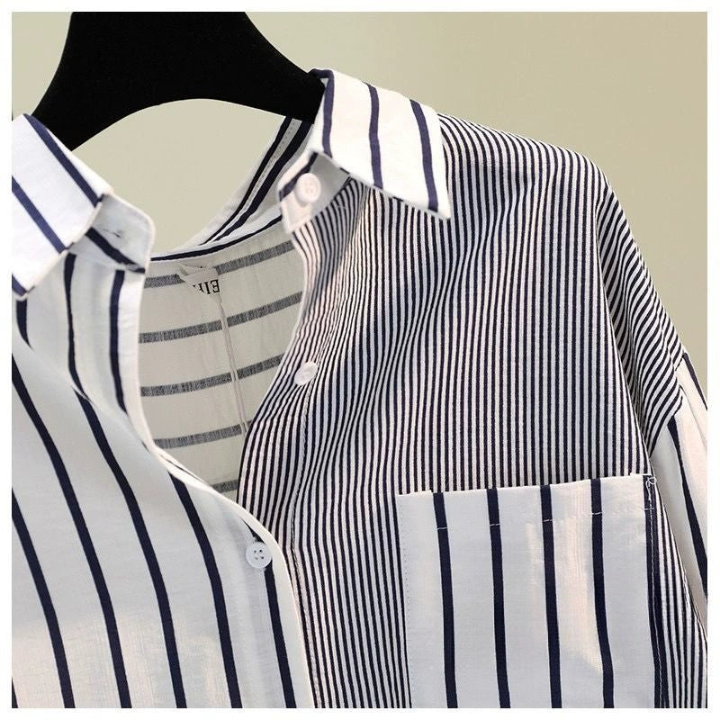 Cotton Linen Single Pocket Color-matching Striped Shirt Women's Spring New Korean Style Artwork Style Loose Casual Shirt Top Trendy