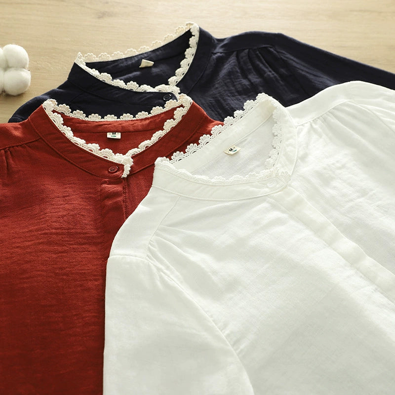 Spring Cotton Long-sleeved Shirt with Ledge Collar for Women Japanese Mori Style Simple Single-breasted Solid Color Comfortable All-match Top