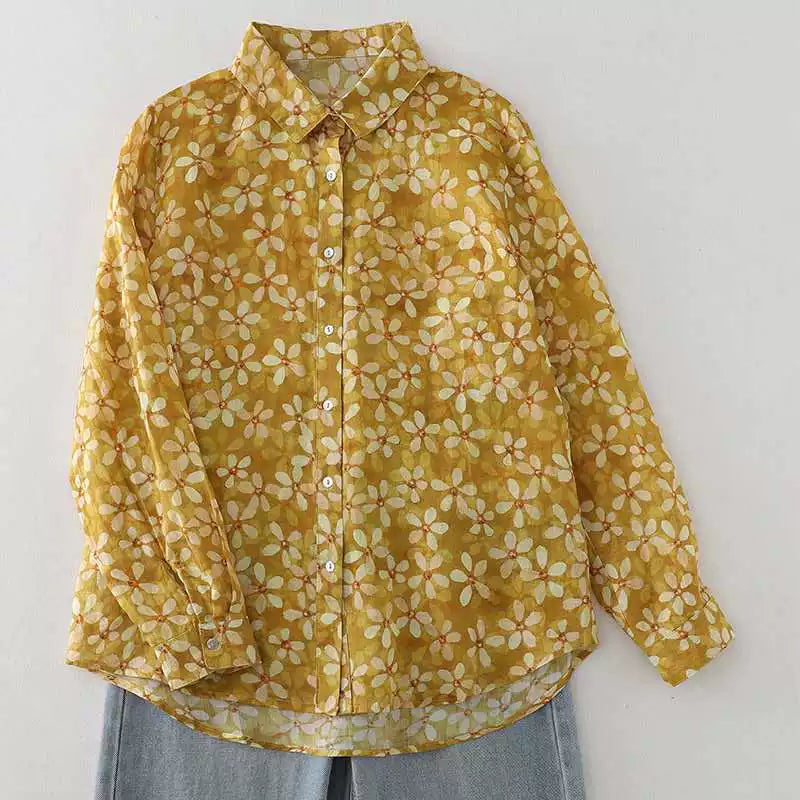 Real Shot Cotton Linen Linen Floral Shirt Joker Good Quality Autumn New Artistic 2024 French Yellow Printed Shirt