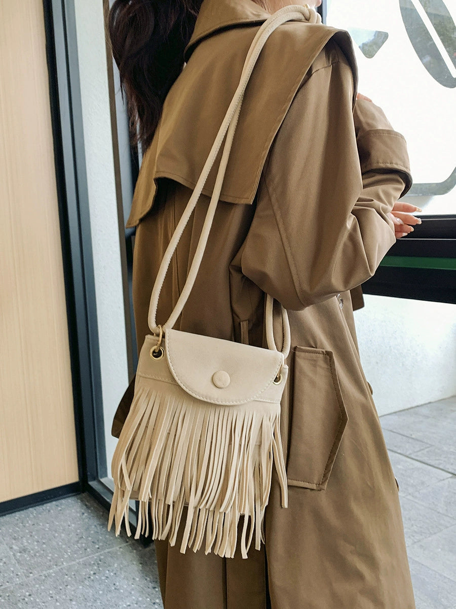2024 Autumn and Winter New Suede Personalized Tassel Buckle Mobile Phone Bag Frosted Retro Ethnic Style Single Shoulder Crossbody Bag