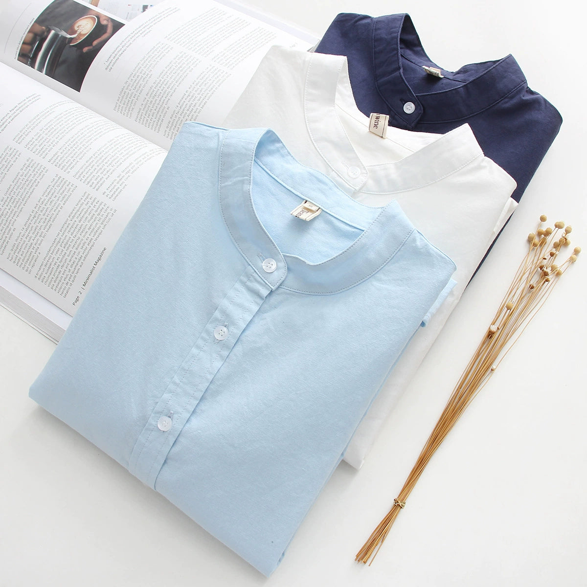 2025 Autumn New Versatile Stand Collar Cotton Shirt for Women, Long Sleeve, Fresh College Style Student Shirt for Layering