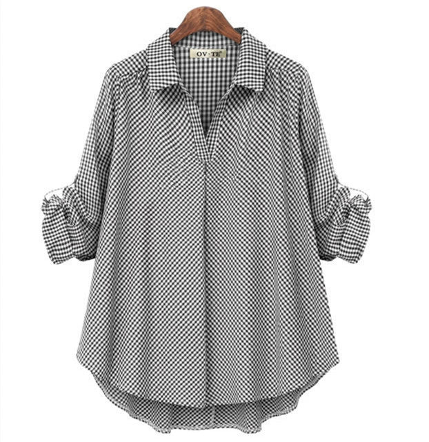 Aliexpress Amazon 2020 Export Autumn New European and American Plus Size Women's Long-sleeved Tops Loose Plaid Shirts