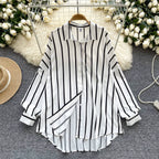 Women's Long-Sleeved Striped Shirt, New Autumn Style, European and American Style, Casual, Versatile, Loose Fit, Slimming, Mid-Length, Plus Size Shirt, Trendy