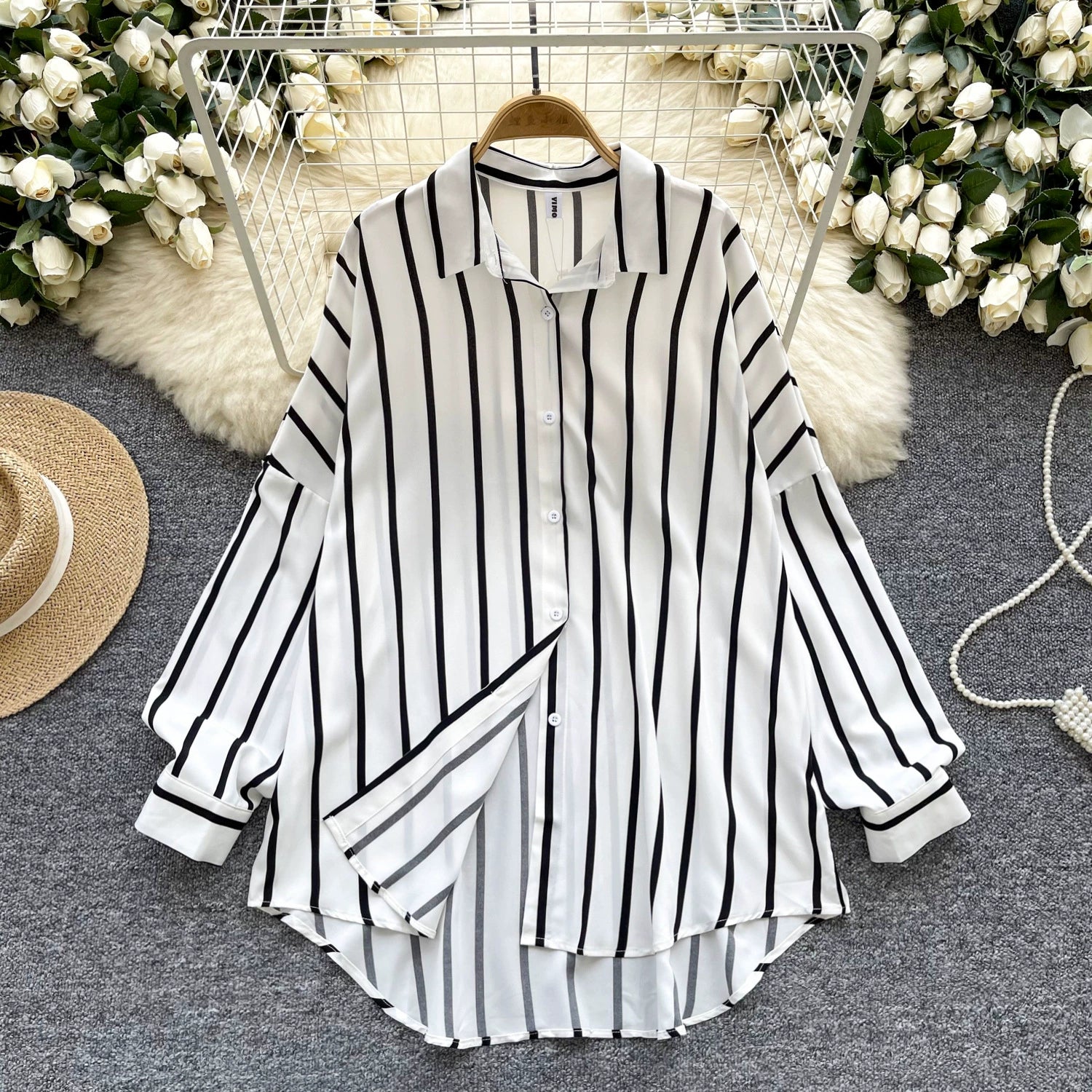 Women's Long-Sleeved Striped Shirt, New Autumn Style, European and American Style, Casual, Versatile, Loose Fit, Slimming, Mid-Length, Plus Size Shirt, Trendy